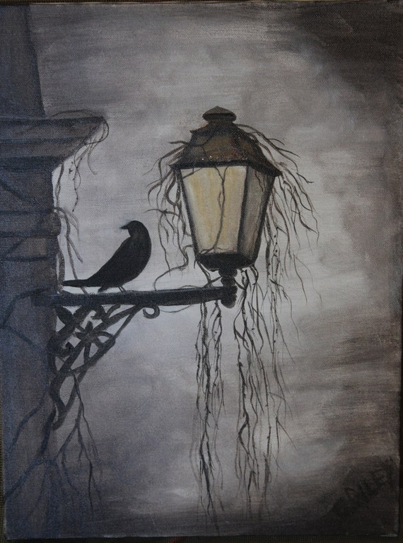 Items similar to Original Acrylic Painting of Raven on Light, Halloween