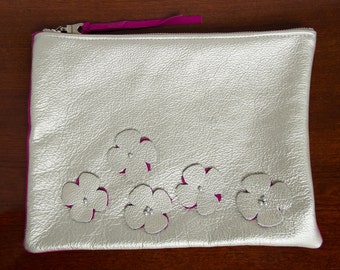 Metal Bloom clutch purse bag leather silver fuschia pearls handmade flower spring summer