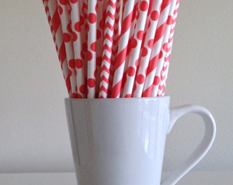 Coral Striped, Chevron, Polka Dot Paper Straws Party Supplies Party Decor Bar Cart Cake Pop Sticks Party Graduation