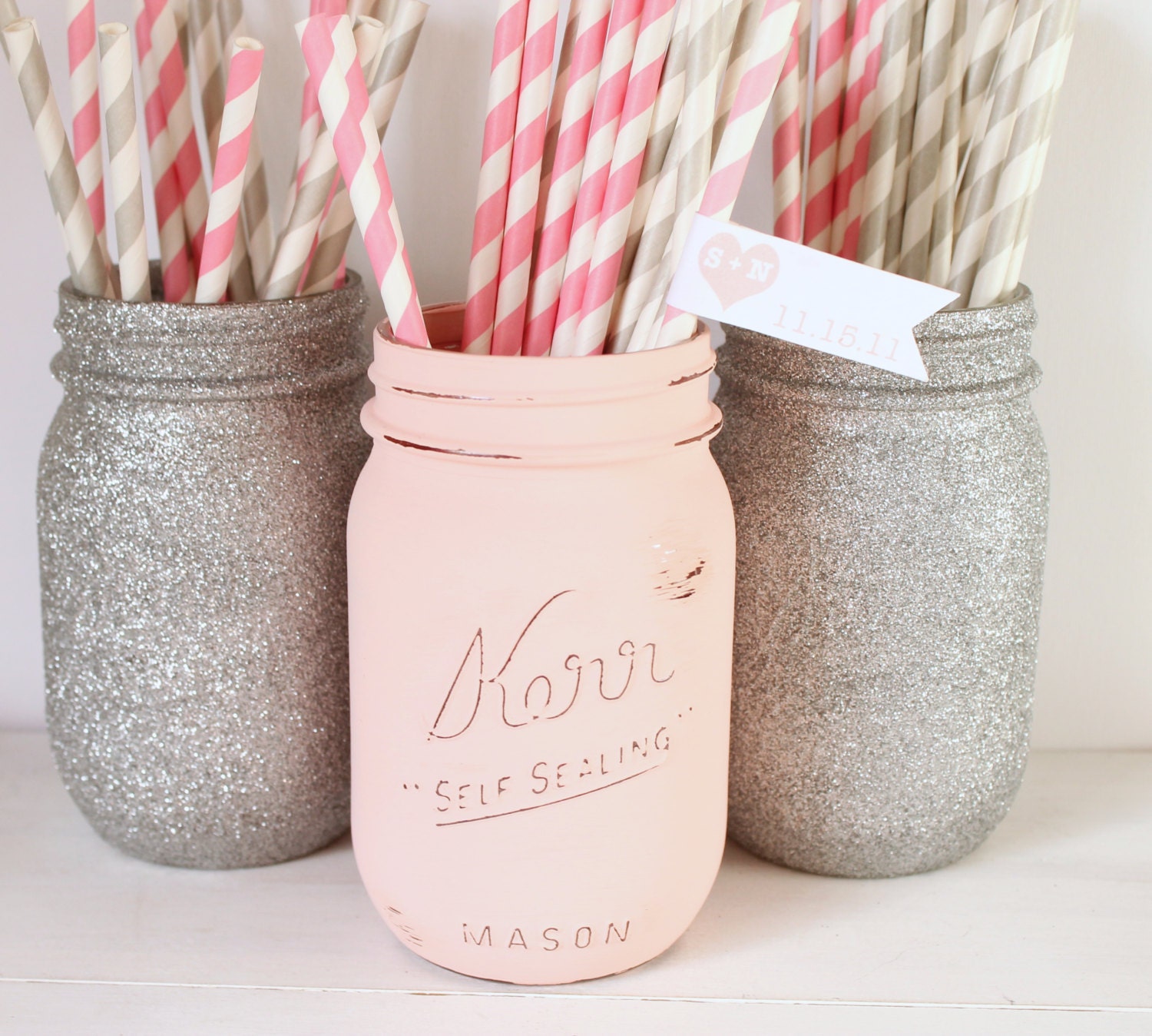 Painted Mason Jar Blush Pink and Silver glitter mason jar