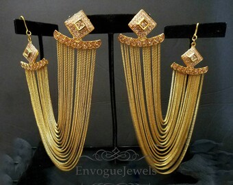 Jhumka with ear chain, Sahara jhumka, Pakistani jewelry, Bollywood jewelry, Ear chain, Devsena earring, Bahubali earrings, Ethnic Jewelry.