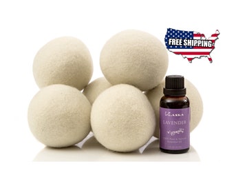 6 XL Organic Wool Dryer Balls + Lavender Essential Oil (30 mL) - Natural Softener Ball for Laundry - Mom Gift for Women
