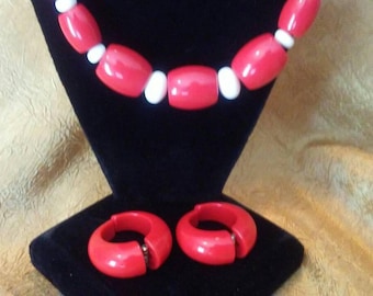 Red Lucite Necklace and earrings.