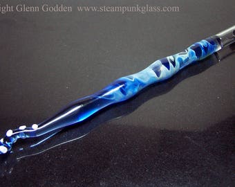 Glass tentacle dip pen in sapphire blue silver lustre extra long handformed glass calligraphy & drawing dip pen for interchangeable nibs