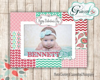 Valentine Photo Card, Happy Valentine's Day, Pink, Red, Teal Valentine's Day Card