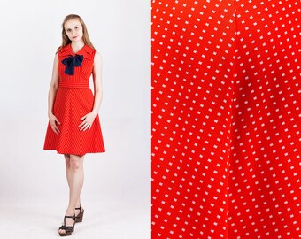 vintage 1960s red and white tiny squares weave large collar navy bow fit and flare dress size S Small M Medium