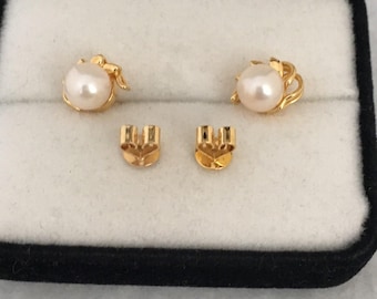 18K Solid Fine Gold Akoya Solitaire Luster Pearl Earrings Ribbon Drapes Each Beautiful Luster 750 Yellow Gold Post Backings