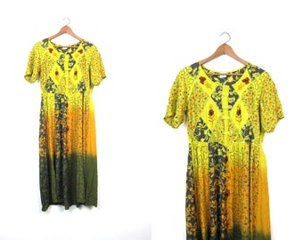 Vintage Dark Green Indian Dress Long BOHO Embroidered Festival Dress Hippie 90s Frock Grunge Ethnic Print Sun Dress MN Womens Small Medium