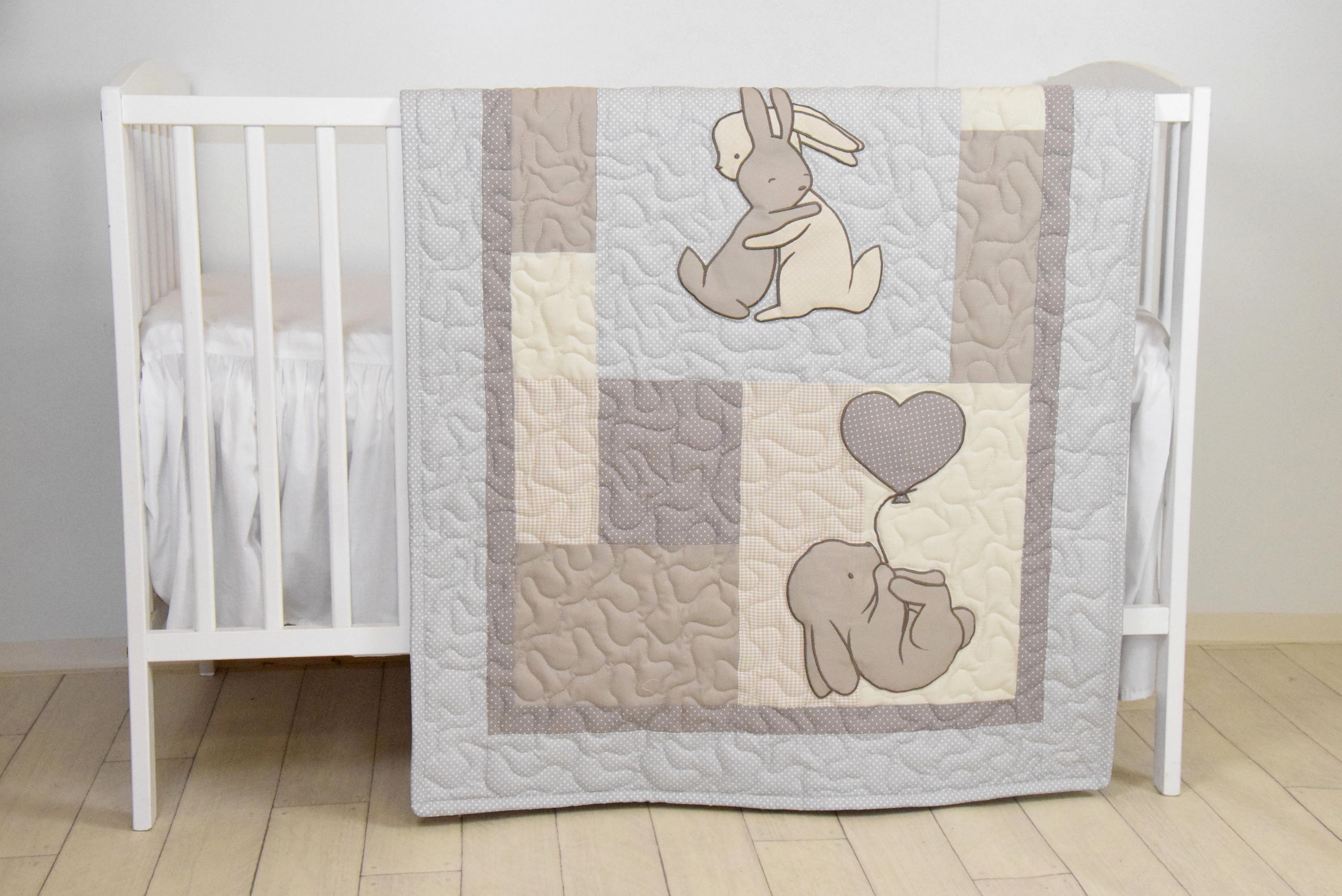 Bunny Baby Crib Quilt Rabbit Blanket Neutral Bunnies Bedding