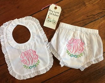 Monogram Baby Bib and Diaper Cover,Monogram Lace Bib and Diaper Cover, Monogram Baby Gift Set, Cotton Lace Monogram Bib and Bloomers
