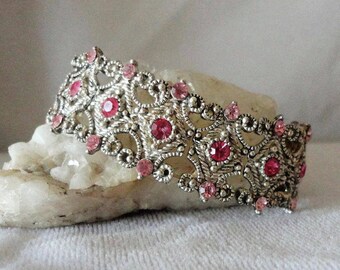 Vintage Filigree Silver Tone Pink Crystals Bracelets*****.