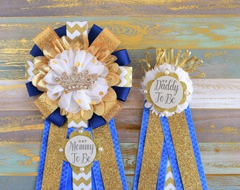 Royal Gold Prince Corsage Pin, Royal Gold Corsage Pin, Mommy and Daddy to Be Corsage, Royal, White & Gold Royal Prince Baby Shower, Custom