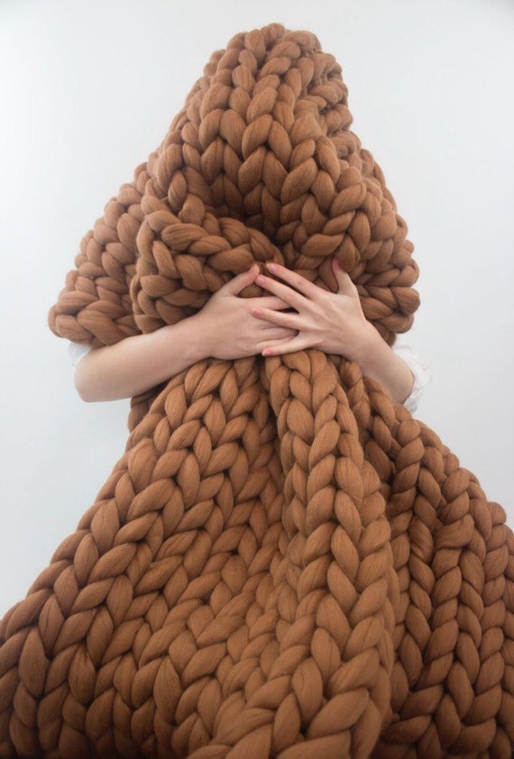 Merino wool blanket brown Chunky knit blanket Merino wool