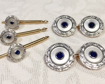 Art déco mère de boutons de manchette en perles et boucles ensemble, Smoking platine et or Vintage Shirt Stud ensemble et boutons de manchette, saphirs