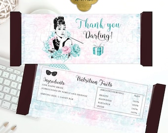 Candy Bar Wrappers, Bridal Shower Candy, Breakfast at tiffanys thank you darling, favors gifts. 5.25x5.75"/2-Per Sheet {Textured Pink/Blue}