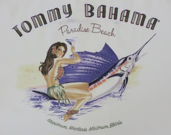 TOMMY BAHAMA Shirt Embroidered Hawaiian Shirt Paradise Beach Maximum Martinis Minimum Bikinis 100% Silk Mens Camp -M- Oahu Lew's Shirt Shack