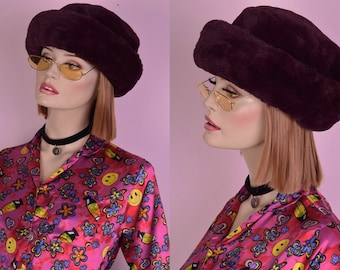 90s Magenta and Black Faux Fur Hat/ 1990s/ Plush