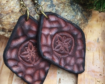 Leather Antiqued Earrings - Natural - Organic - Hand Tooled - Jewelry - Boho