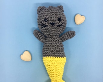 Plush Cat-mermaid made by hand in cotton; Amigurumi Grey Cat; Baby puppet.