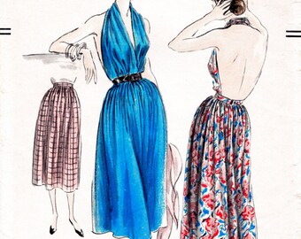 1950s 50s Marilyn halter dress plunge backless style full skirt Vintage Sewing Pattern size xsmall small medium large repro
