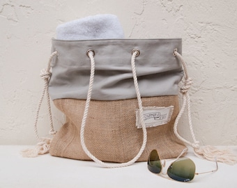 Gray Canvas Tote Large Beach Bag Beach Tote Burlap Grey Canvas Stripe Sandbag