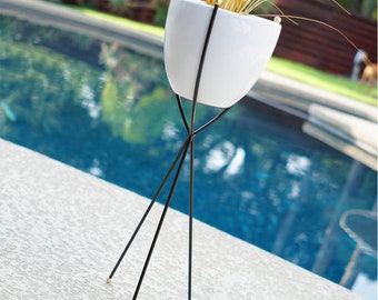 Mid Century Planter with Stand Tall Modern Bullet Tripod Base & Ceramics - Brass, Black, White - Eames Era Hairpin Vintage Style Pottery
