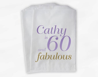 60th Birthday Personalized Candy Buffet Bags - 60 and Fabulous Custom Favor Bags in Lavender Ombre and Gold - 25 Paper Treat Bags (0079)