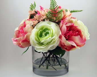 Pink Peony & White Cabbage Rose with Queen Ann Lace Faux Floral Arrangement | Clear Glass Vase