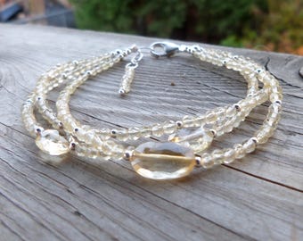 Natural Faceted Citrine and Sterling Silver Birthstone Gemstone Triple Strand Bracelet