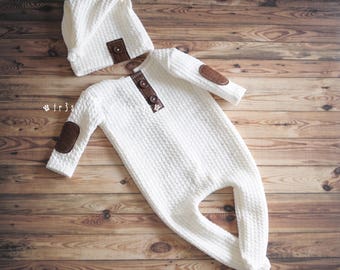 Footed Newborn set Boy long johns Newborn boy prop sleeper hat and romper, newborn footie romper newborn outfit boy props pajama set