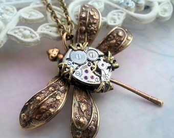 Steampunk necklace, dragonfly necklace, steampunk dragonfly jewelry, steampunk jewelry, dragonfly pendant, fantasy statement necklace