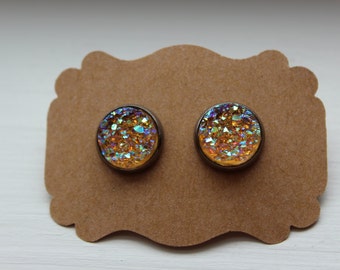 Orange Druzy Earrings, Drusy Earrings, Druzy Earrings, Gunmetal Post, Orange Druzy Post, Gunmetal Druzy Earrings, Light Orange Earrings