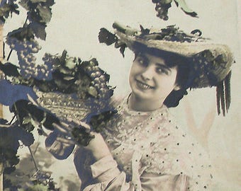 Antique French postcard, Lady with grapes, RPPC real photo postcard, paper ephemera.