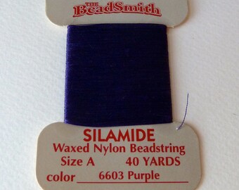 Purple Waxed Nylon Bead String - Size A - 40 yd card - Silamide two ply twisted nylon thread