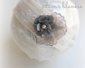 Falter - Gray Khaki Cream Lace Headband - Vintage Style - Pearl - Girls Newborns Baby Infant Adults