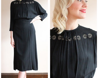 1940s Dress // Black Widow Rhinestone Crepe Dress // vintage 40s dress
