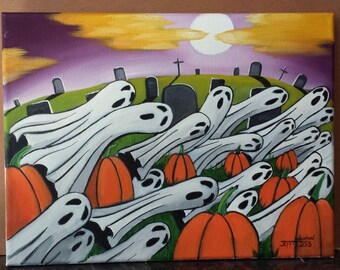 Ghost Paintings//Halloween Paintings//Paintings//Ghosts in the Patch. 9x12//Ghost Painting// Holiday Painting.