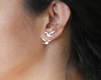 Statement Jewelry / Birds are Flying Ear Jackets / Sterling silver /Minimalist Earrings / Mom Gift