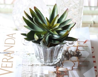 faux succulent in vintage glass scalloped planter