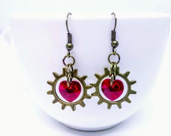 Steampunk Earrings Red Heart Swarovski and Cog/Gear