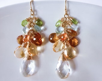 Citrine Cluster Earrings, Yellow Citrine Earrings, Citrine Statement Earrings, Rock Crystal Earrings, Gemstone Gold Filled Dangle Earrings