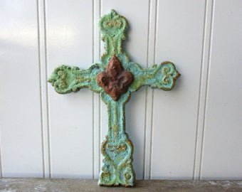 Small cast iron cross aqua turquoise faux verdigris rusty fleur de lis vintage style wall hanging metal cross Spiritual Christian decor SA7