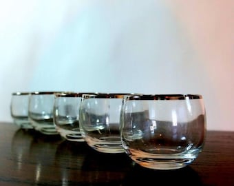 Silver Banded Roly Poly Set 1960s Five (5) Sterling Stripe Trimmed Lip Glasses Dorothy Thorpe Style Mid Century Barware Modern Glassware