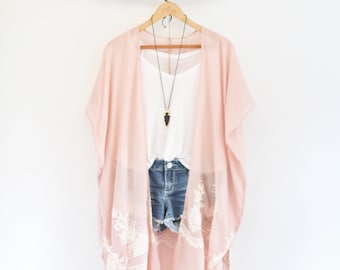 Long bohemian kimono * Cotton * Pink and white * Flower embroidery patterns * CRAZY ON YOU *