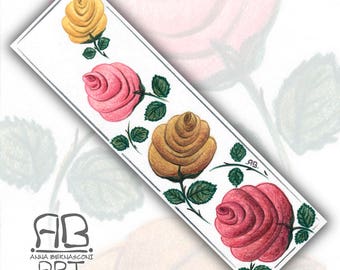 Hand-painted bookmark on paper and plasticized-roses among the books I