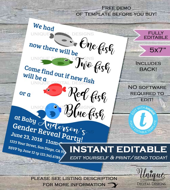Gender Reveal One Fish Two Fish Red Fish Blue Fish Invitation