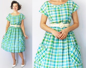 50s Day Dress / 1950s Dress / 50s Dress / 1950s Day Dress / Plaid Dress / Spring Dress / Day Dress / Full Skirt Dress / Summer / Waist 29"