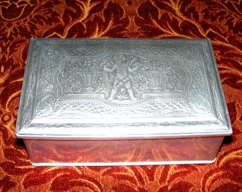 Vintage Embossed Metal English Cherub Tin Box Marked England
