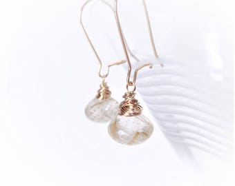 GOLDEN Rutilated Quartz & Gold Filled Wire Wrapped Earrings, natural gemstone jewelry, gifts for her
