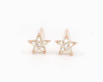 Diamond Star Studs, Diamond Set Gold Studs Earrings, Diamond Star Earrings, Diamond Studs, Tiny Star Earrings